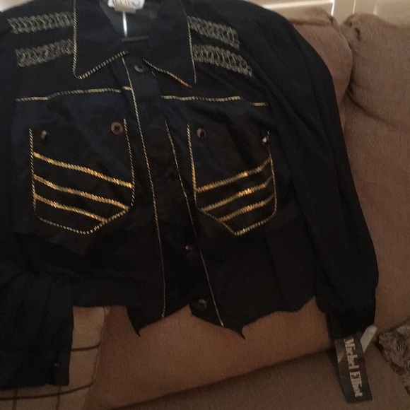 Michel Elliot black & gold trim blouse NWT sheer - Picture 7 of 16